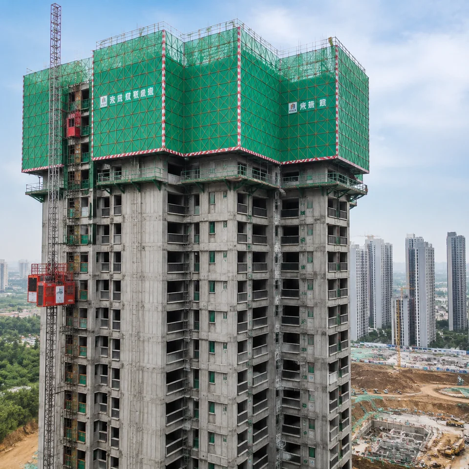 Wenjun green attached climbing scaffold on the upper floors of a residential high-rise